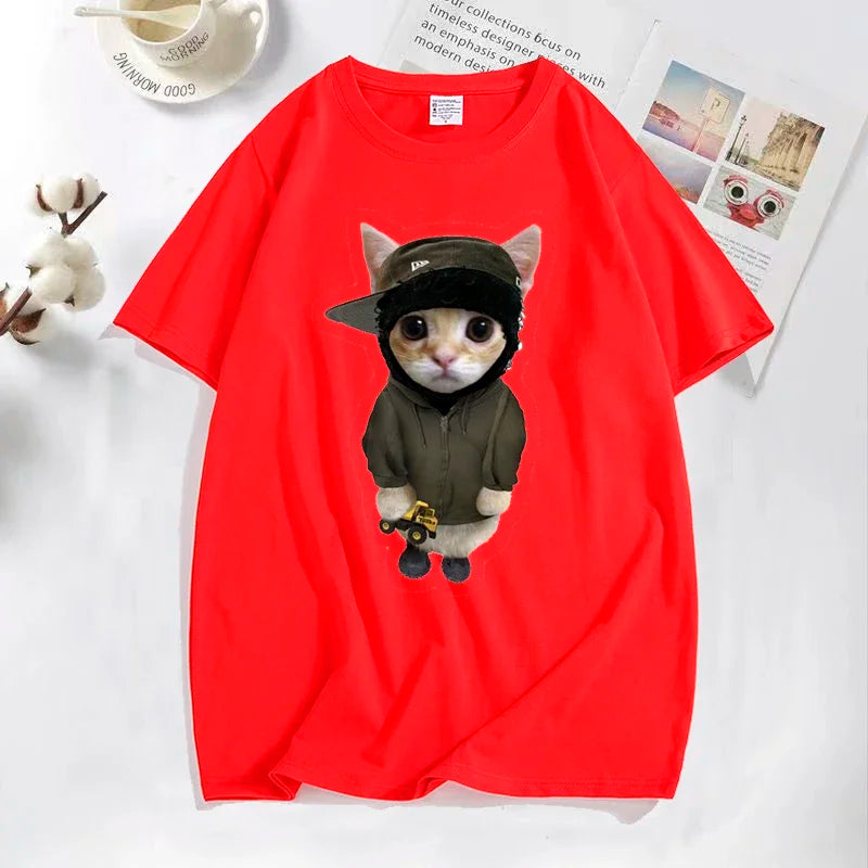 Bright red cotton yeat kitty tonka t shirts featuring a funny cute cat in a black cap and green hoodie holding a toy truck