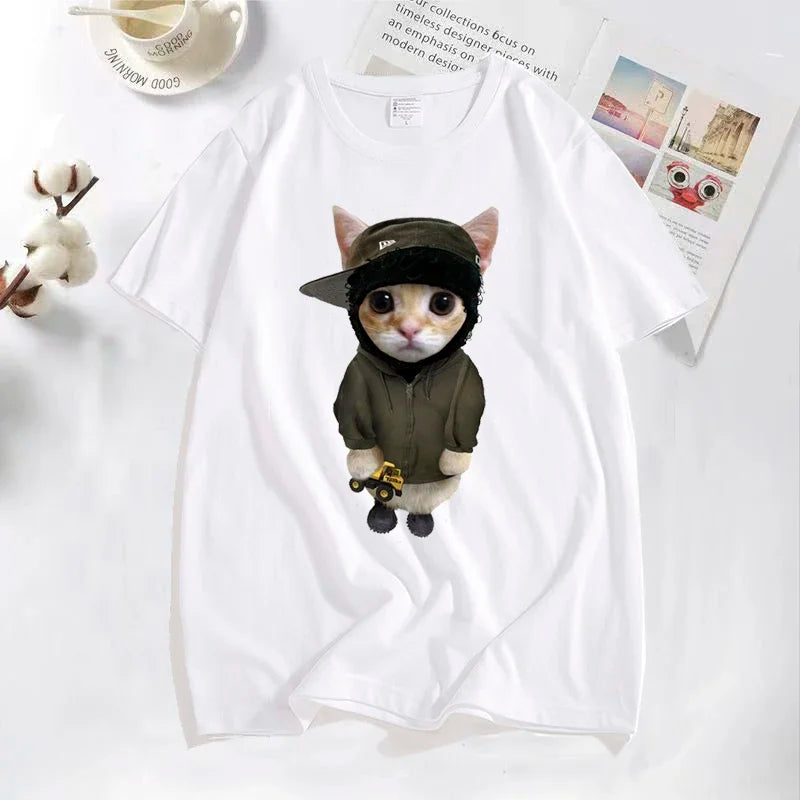 White cotton yeat kitty t-shirt with funny cute cat wearing olive hoodie holding yellow toy truck for tonka t shirts fans