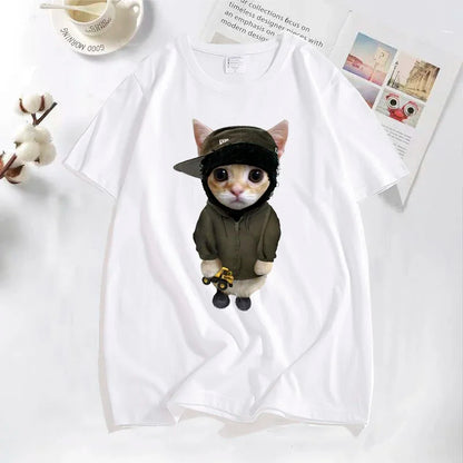 White cotton yeat kitty t-shirt with funny cute cat wearing olive hoodie holding yellow toy truck for tonka t shirts fans
