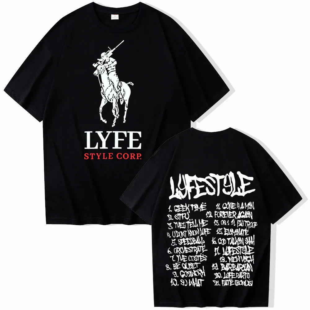 Black short-sleeved yeat lyfestyle t-shirt for man women harajuku featuring white rider graphic and back song list print