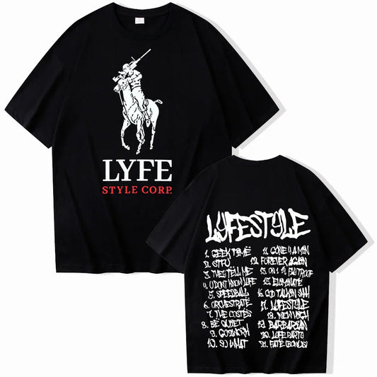 Black short-sleeved yeat lyfestyle t-shirt for man women harajuku featuring white rider graphic and back song list print