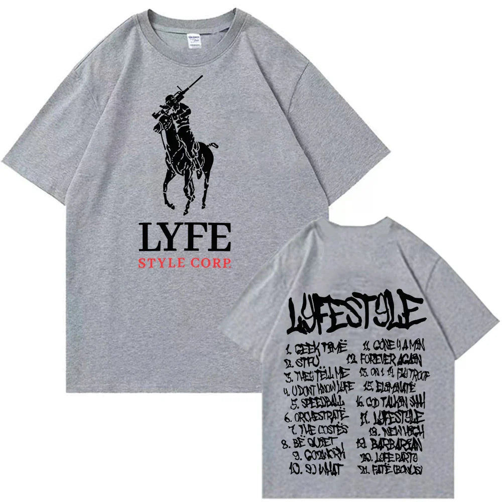 Gray short-sleeved yeat lyfestyle 2025 t-shirt for man women harajuku with black polo player silhouette and handwritten tracklist on back
