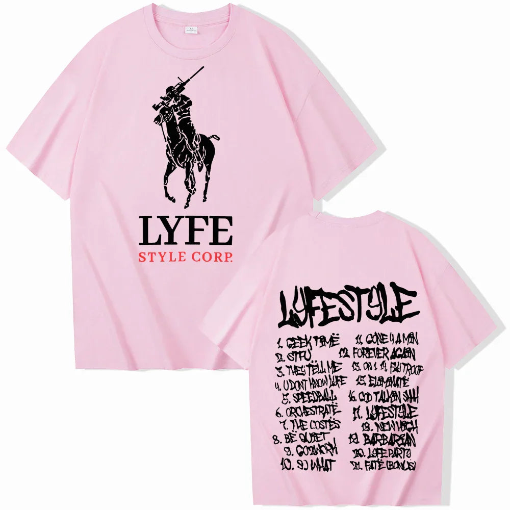 Pink short-sleeved yeat lyfestyle 2025 t-shirt for man women harajuku with black polo player silhouette and song list on back