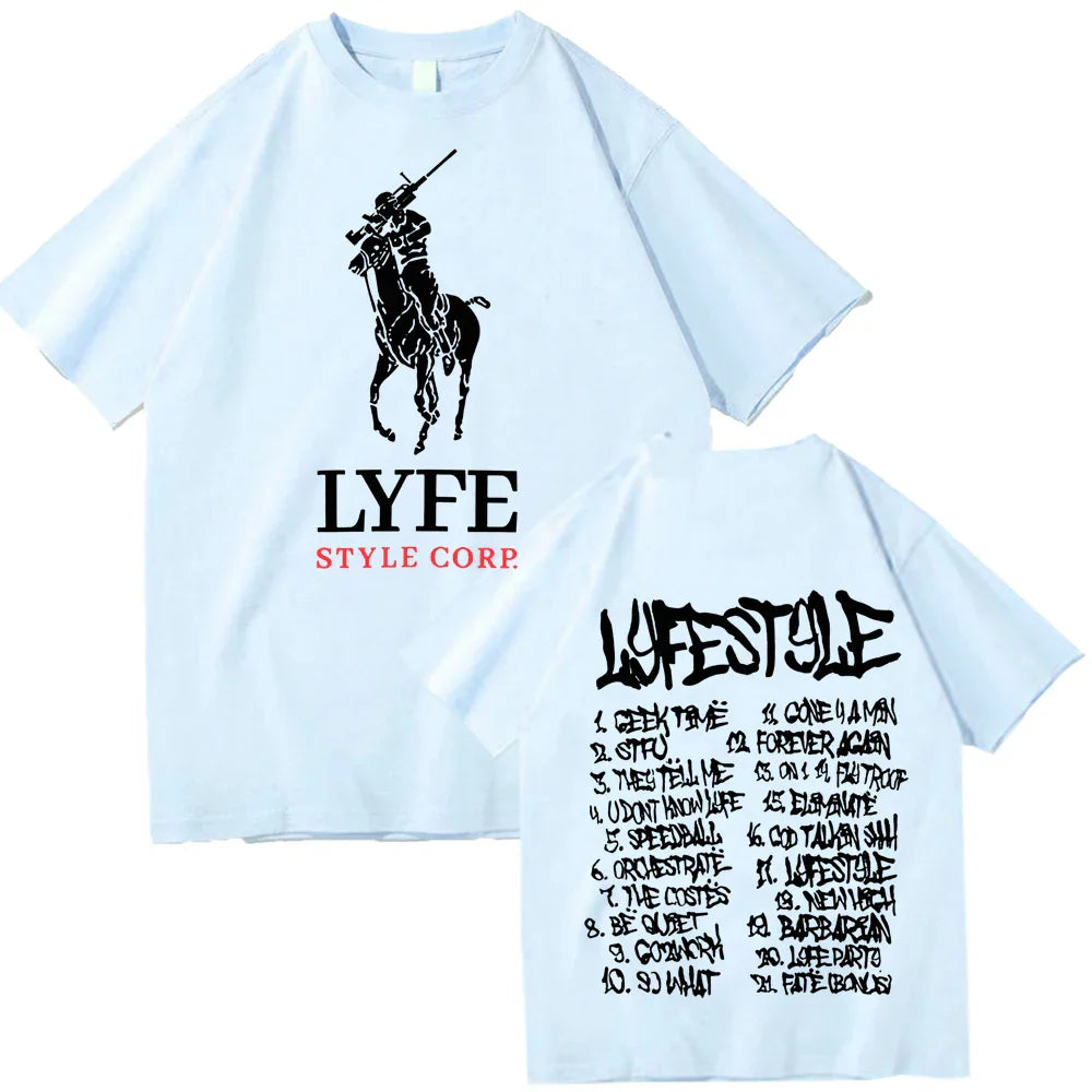 Light blue yeat lyfestyle 2025 t-shirt for man women harajuku featuring black polo player graphic and back song titles print