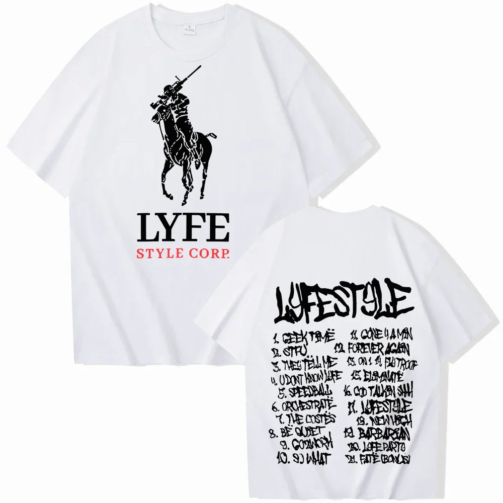 White cotton yeat lyfestyle 2025 t-shirt for man women harajuku with black polo player print and song titles on back