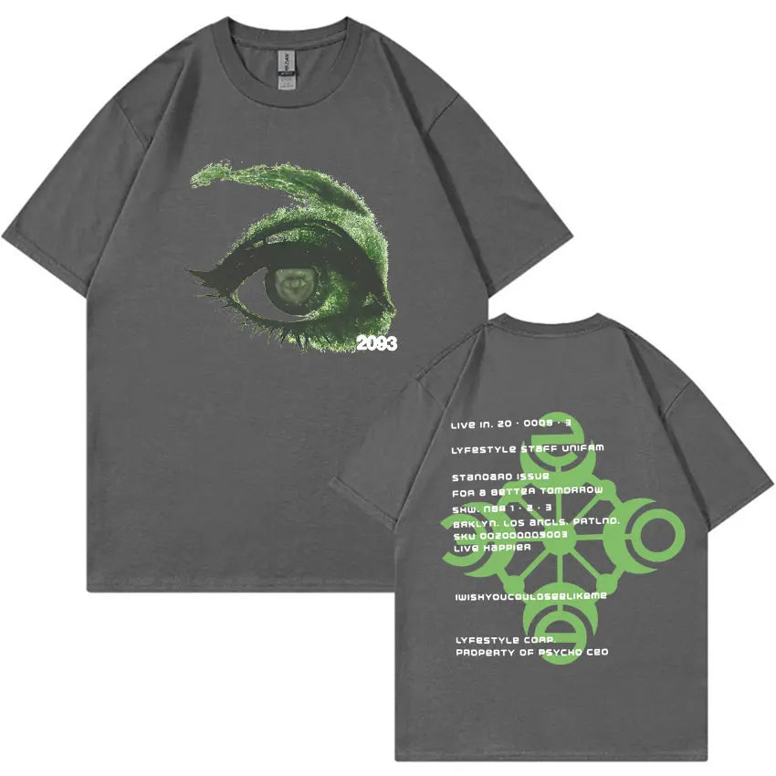 Dark gray Yeat Lyfestyle 2093 Eye Print t-shirt featuring a vibrant green eye graphic and matching back text for summer casual y2k style