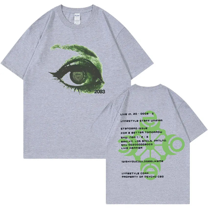 Gray heathered yeat lyfestyle 2093 eye print t-shirt with green eye front and neon green text back unisex tshirts aesthetic summer casual y2k