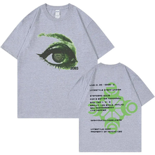 Gray heathered yeat lyfestyle 2093 eye print t-shirt with green eye front and neon green text back unisex tshirts aesthetic summer casual y2k