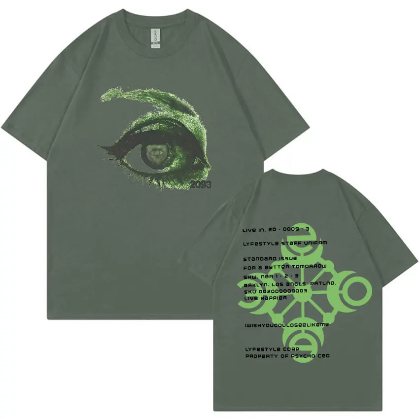 Olive green unisex tshirt with glowing neon green eye graphic front and matching text design on back summer casual y2k album merch tide