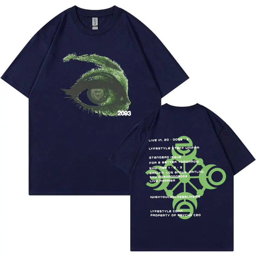 Navy blue unisex tshirt featuring a green textured eye graphic front and matching text back for summer casual y2k style album merch tide