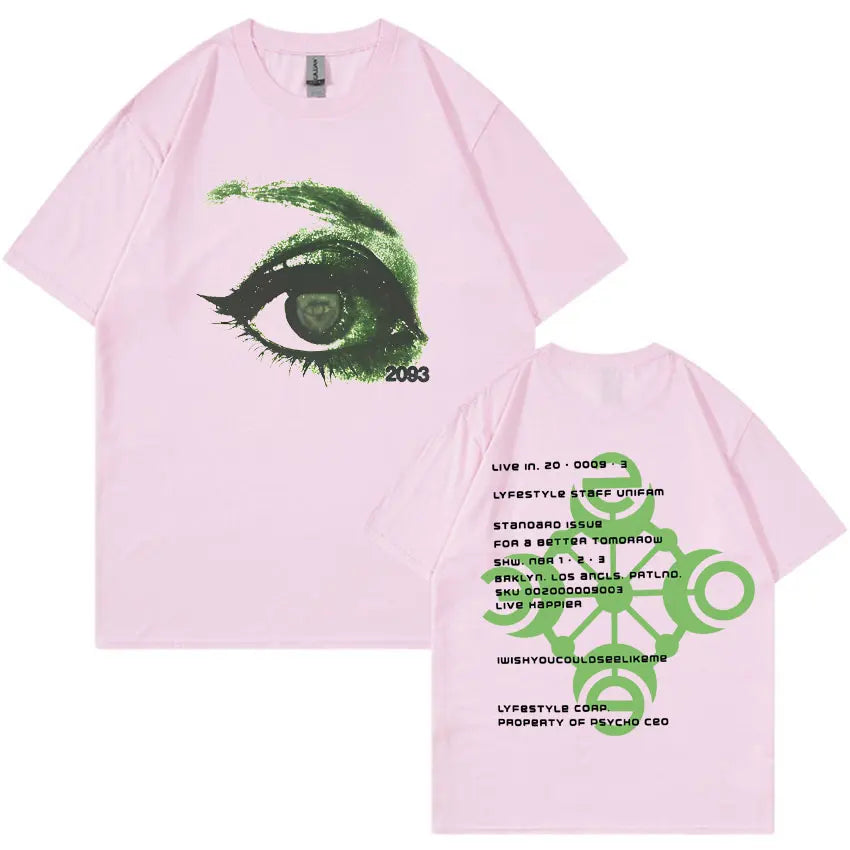 Pink short-sleeved t-shirt with large green eye graphic front and text design back unisex tshirts aesthetic summer casual y2k