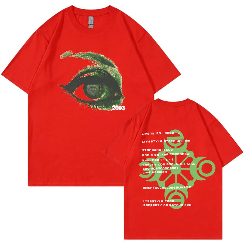 Red cotton yeat lyfestyle 2093 eye print t-shirt with green graphic and text, unisex tshirts aesthetic summer casual y2k
