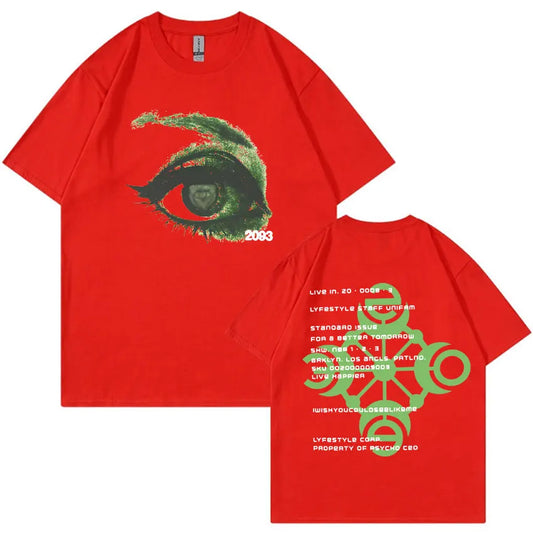 Red cotton yeat lyfestyle 2093 eye print t-shirt with green graphic and text, unisex tshirts aesthetic summer casual y2k