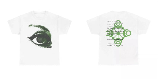 White cotton yeat lyfestyle eye print t-shirt with bold green eye graphic front and abstract japanese text back