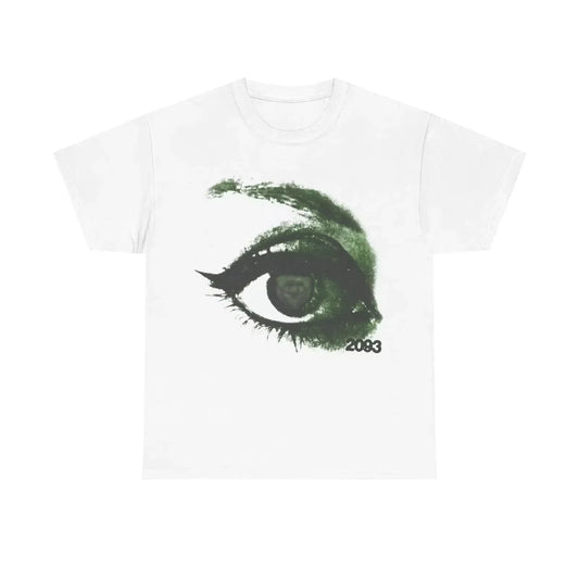 White yeat lyfestyle eye print t-shirt featuring bold green eye graphic and 2093 print for casual summer wear