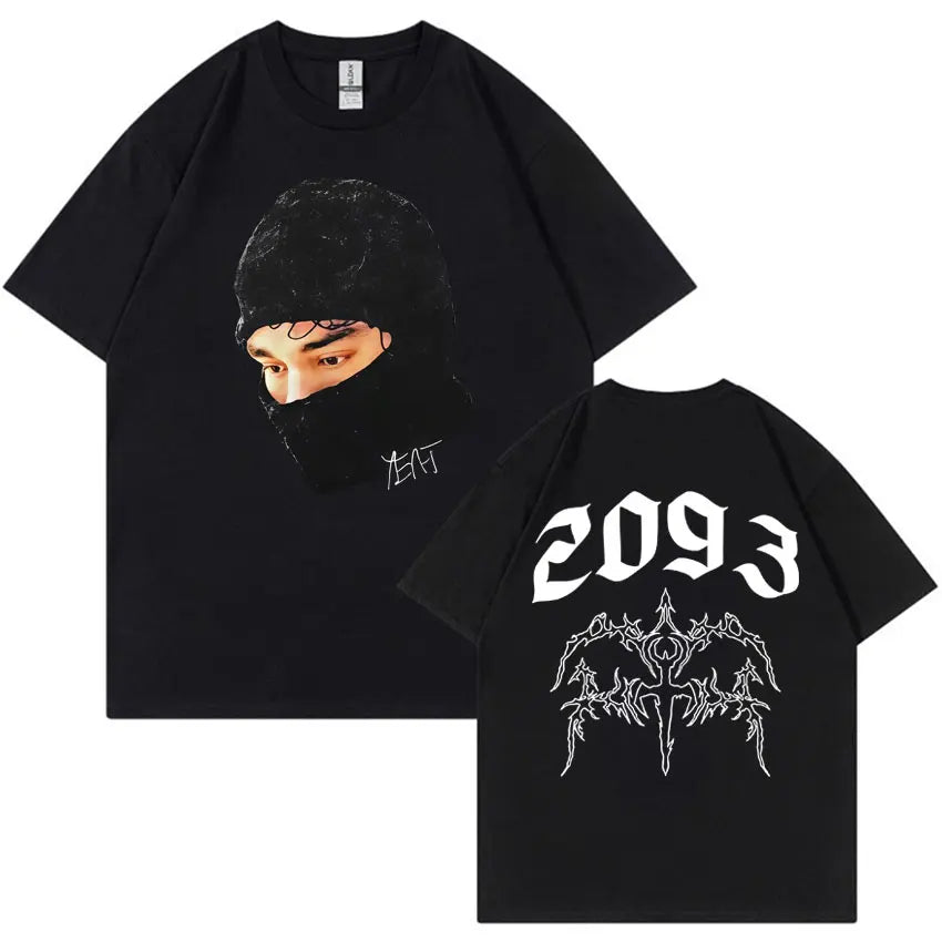Black cotton yeat lyfestyle t-shirt with front balaclava graphic and back gothic harajuku 2093 tribal design summer casual y2k