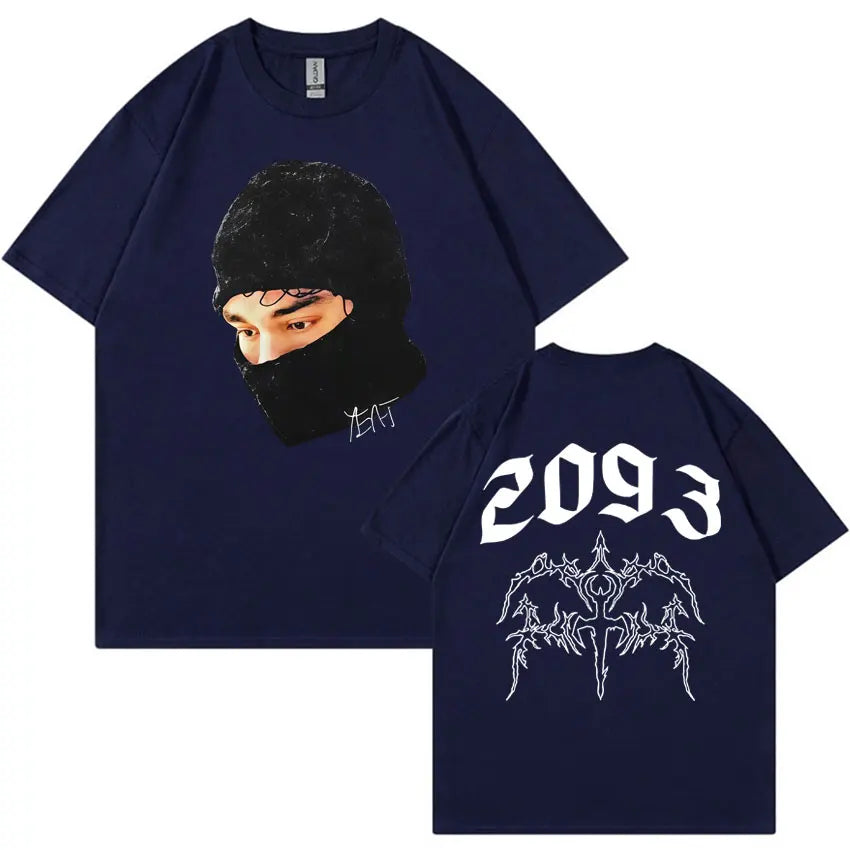 Dark blue yeat lyfestyle gothic harajuku t shirt with black balaclava graphic front and 2093 design back summer casual y2k