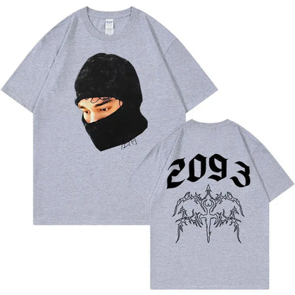 Gray heathered cotton unisex t-shirt with balaclava portrait front and ornate 2093 back for summer casual y2k gothic harajuku style