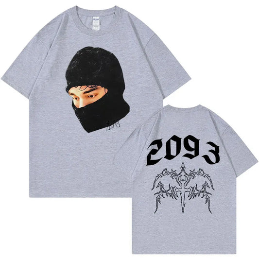 Gray heathered cotton unisex t-shirt with balaclava portrait front and ornate 2093 back for summer casual y2k gothic harajuku style