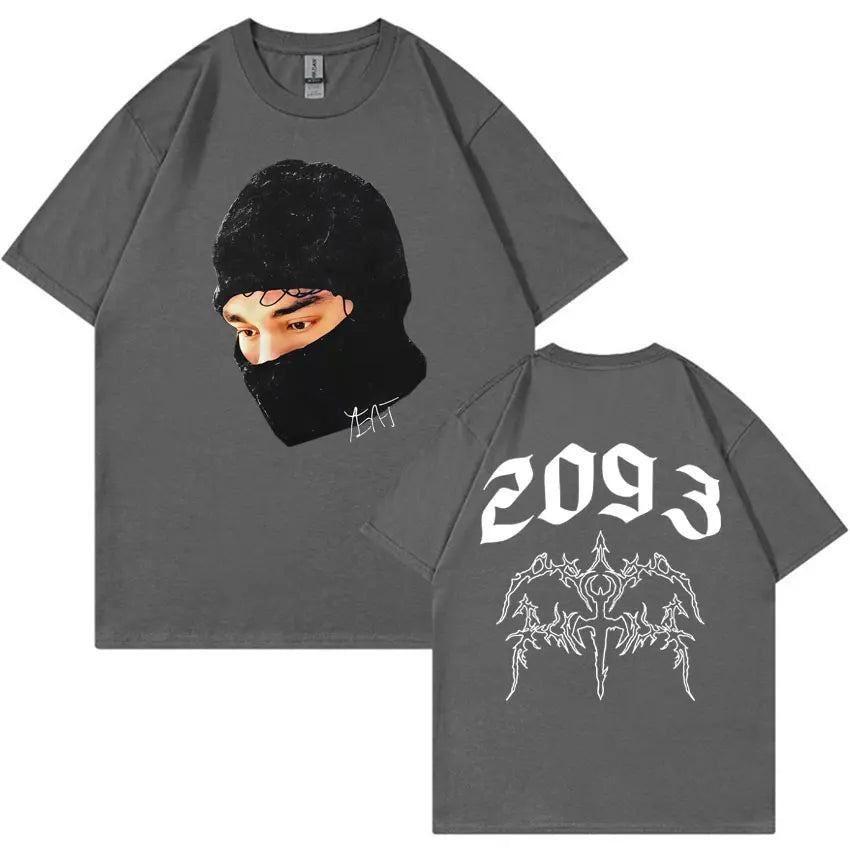 Grey short-sleeved yeat lyfestyle t-shirt with gothic harajuku balaclava graphic front and 2093 summer casual y2k back