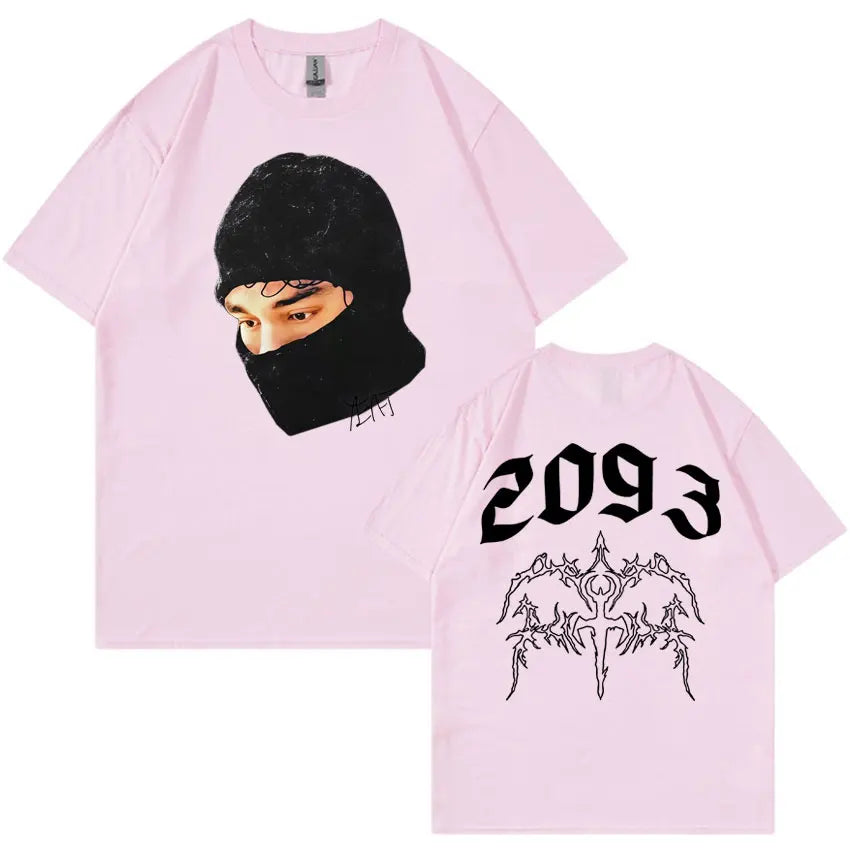 Light pink yeat lyfestyle gothic harajuku unisex t-shirt with balaclava graphic front and 2093 design on back summer casual y2k