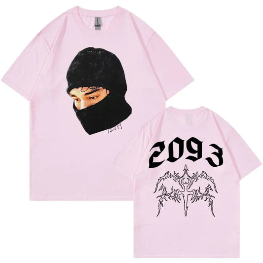 Light pink yeat lyfestyle gothic harajuku unisex t-shirt with balaclava graphic front and 2093 design on back summer casual y2k