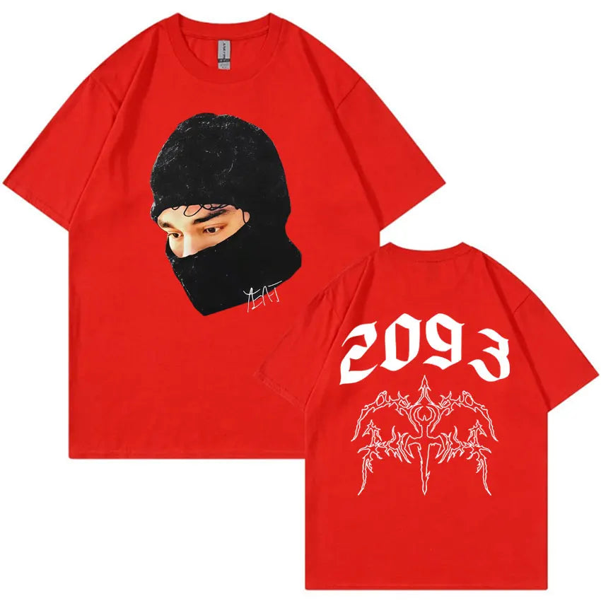 Red short-sleeved yeat lyfestyle t-shirt with black beanie face graphic front and white 2093 gothic harajuku back design summer casual y2k