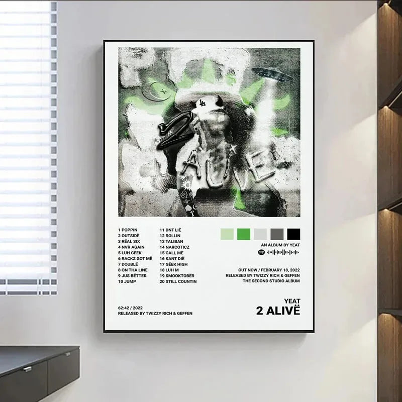 Black and green yeat album poster prints featuring a stylized portrait and spray-painted text for tracklist music album decor