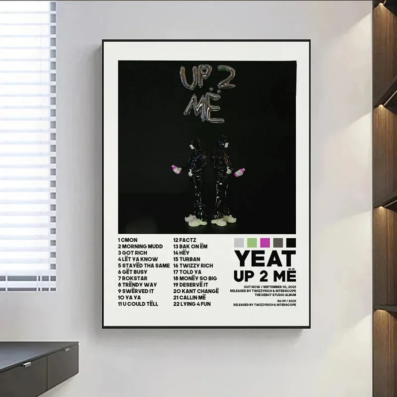 Black-framed yeat up 2 me album poster prints with tracklist music album and pink bottle figures on painting wall art