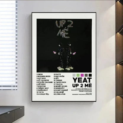 Black-framed yeat up 2 me album poster prints with tracklist music album and pink bottle figures on painting wall art
