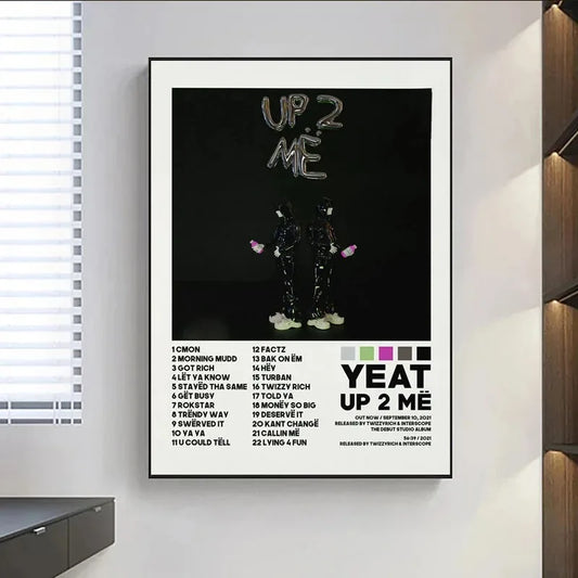 Black-framed yeat up 2 me album poster prints with tracklist music album and pink bottle figures on painting wall art