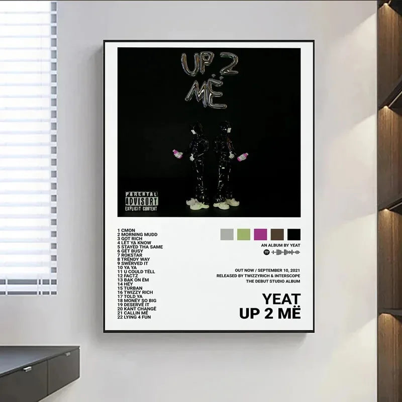 Black-framed yeat album poster prints featuring up 2 me tracklist music album with two silhouetted figures in reflective suits
