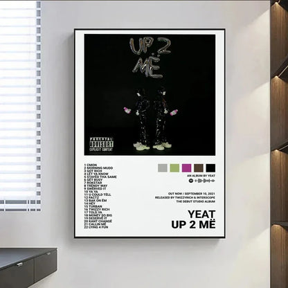 Black-framed yeat album poster prints featuring up 2 me tracklist music album with two silhouetted figures in reflective suits