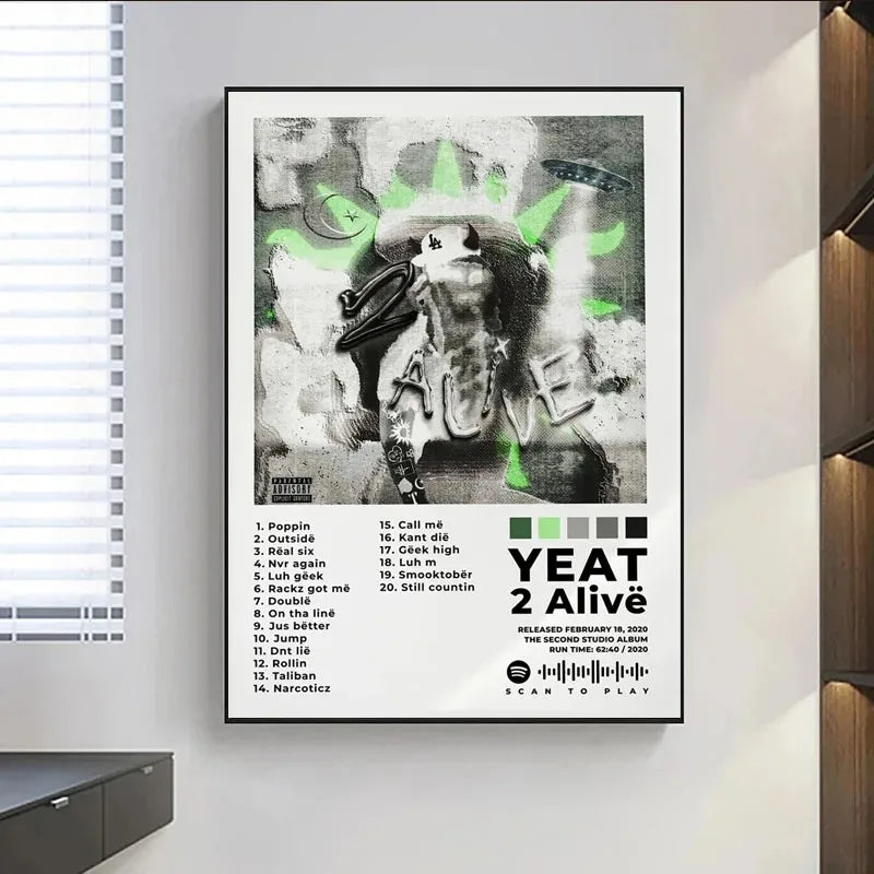 Black-framed yeat 2 alivë album poster print featuring graffiti-inspired painting wall art with green accents