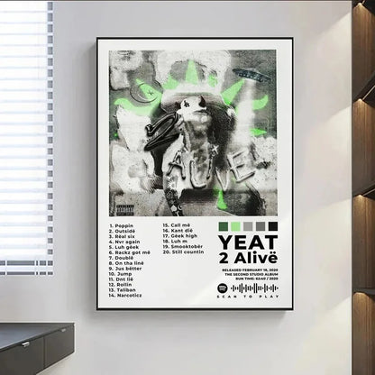 Black-framed yeat 2 alivë album poster print featuring graffiti-inspired painting wall art with green accents