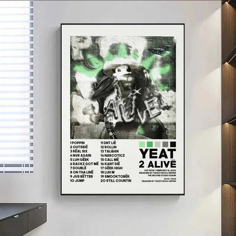 Black and green album poster prints featuring yeet 2 alive tracklist music album by twizy rich and gepfen framed in black