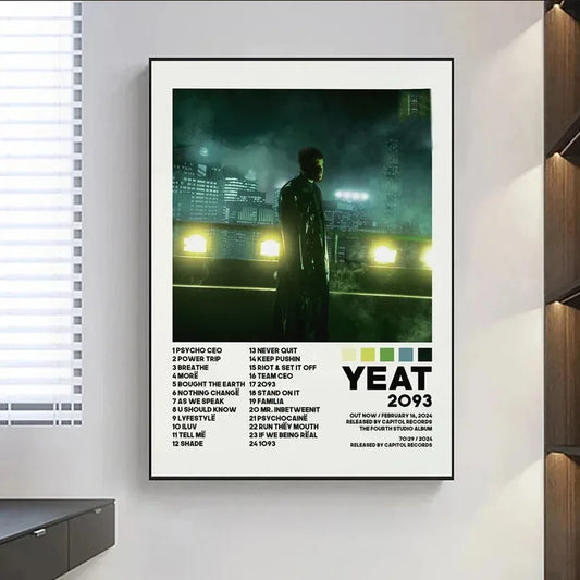 Black-framed yeat 2093 album poster print featuring dark cityscape and illuminated headlights for wall art decor