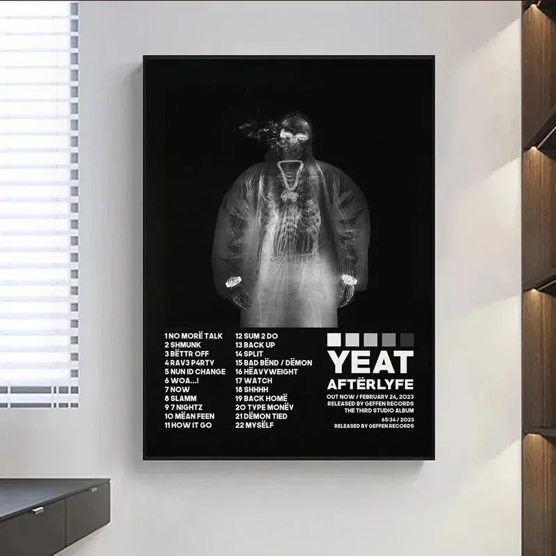 Black framed yeat album poster prints featuring monochrome x-ray style tracklist music album painting wall art