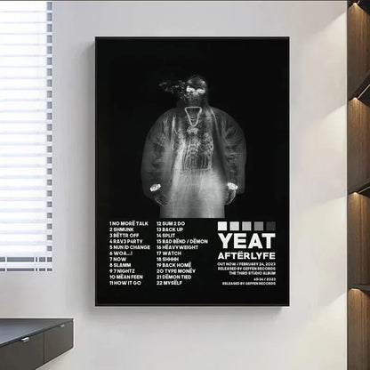 Black framed yeat album poster prints featuring monochrome x-ray style tracklist music album painting wall art