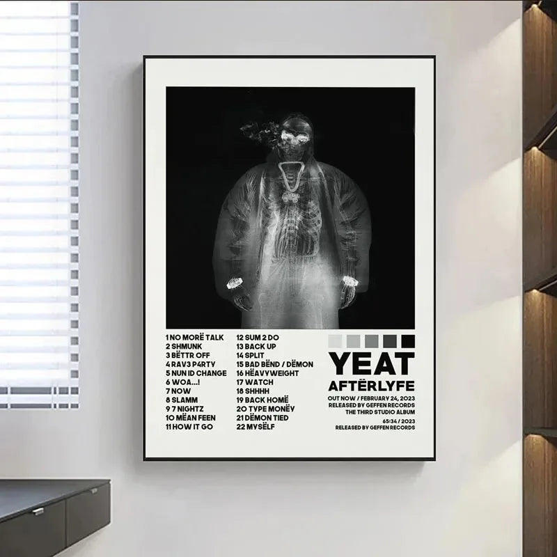 Black and white yeat album poster prints featuring x-ray style painting wall art with afterlyfe tracklist music album design