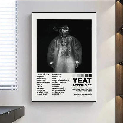 Black and white yeat album poster prints featuring x-ray style painting wall art with afterlyfe tracklist music album design