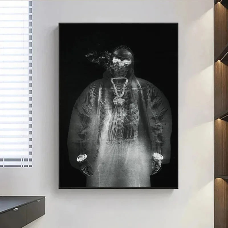 Black-and-white x-ray style canvas painting wall art featuring hooded figure with skeletal structure for album poster prints