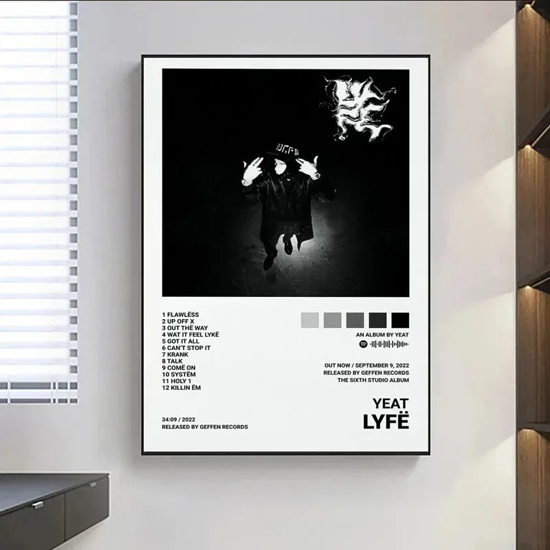 Black and white framed yeat album poster prints featuring stylized graphic and tracklist music album details