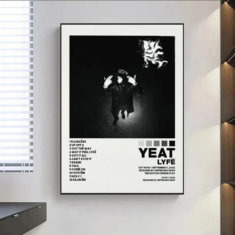 Black and white framed yeat out the way album poster prints featuring tracklist music album and painting wall art for living room