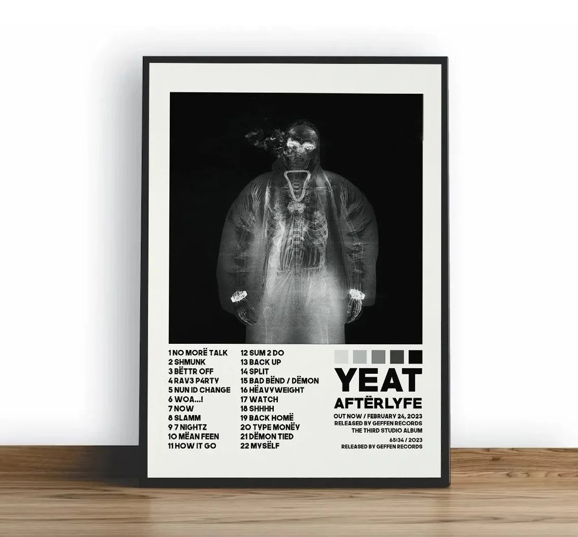 Black-framed yeat afterlyfe album poster prints with monochrome x-ray tracklist music album painting wall art decor