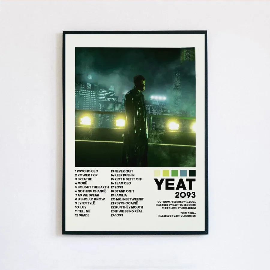 Black-framed album poster prints featuring yeat 2093 moody cityscape silhouette for living room painting wall art