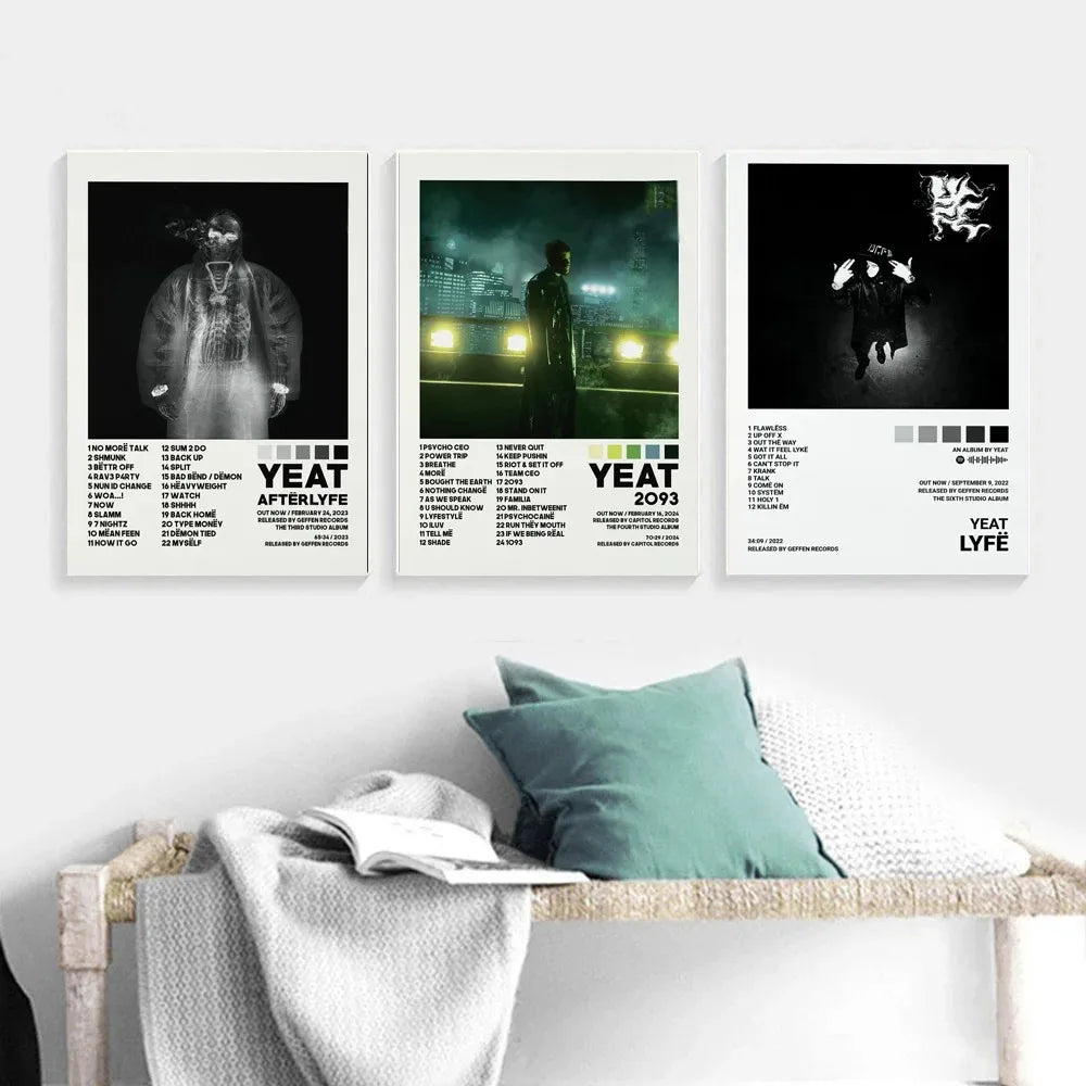 Three framed black-and-white yeat album poster prints featuring minimalist tracklist music album designs for wall art