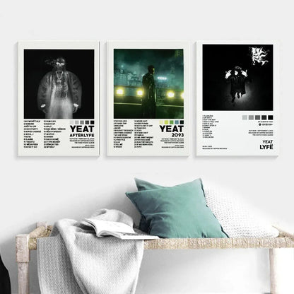 Three framed black-and-white yeat album poster prints featuring minimalist tracklist music album designs for wall art