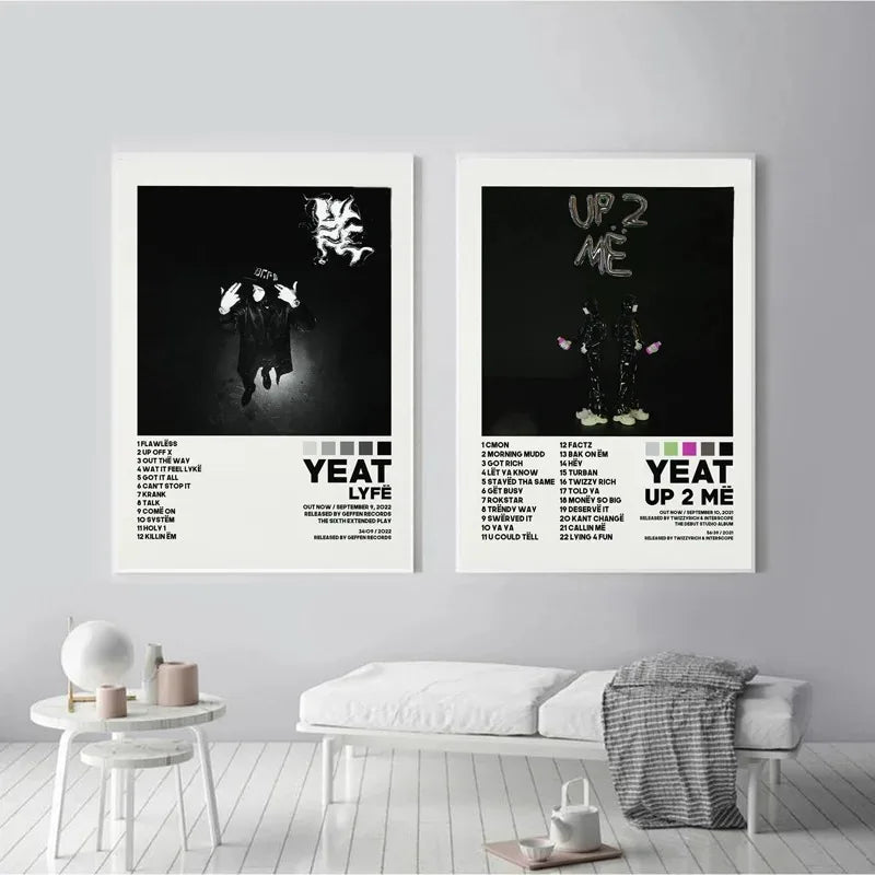 Two framed black and white yeat album poster prints with bold typography featuring tracklist music album painting wall art