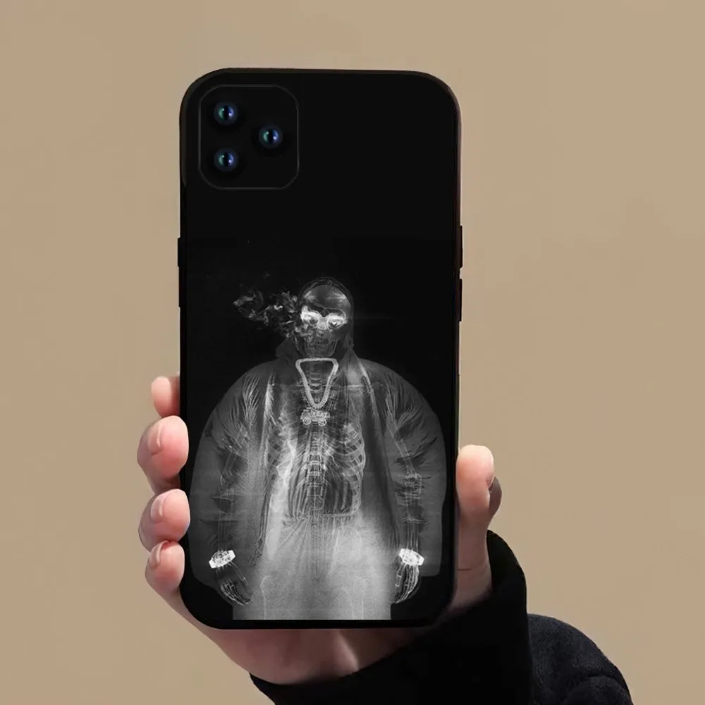 Black yeat rapper afterlyfe phone case for pro xs max featuring a monochrome x-ray hooded figure with skeletal jewelry on back